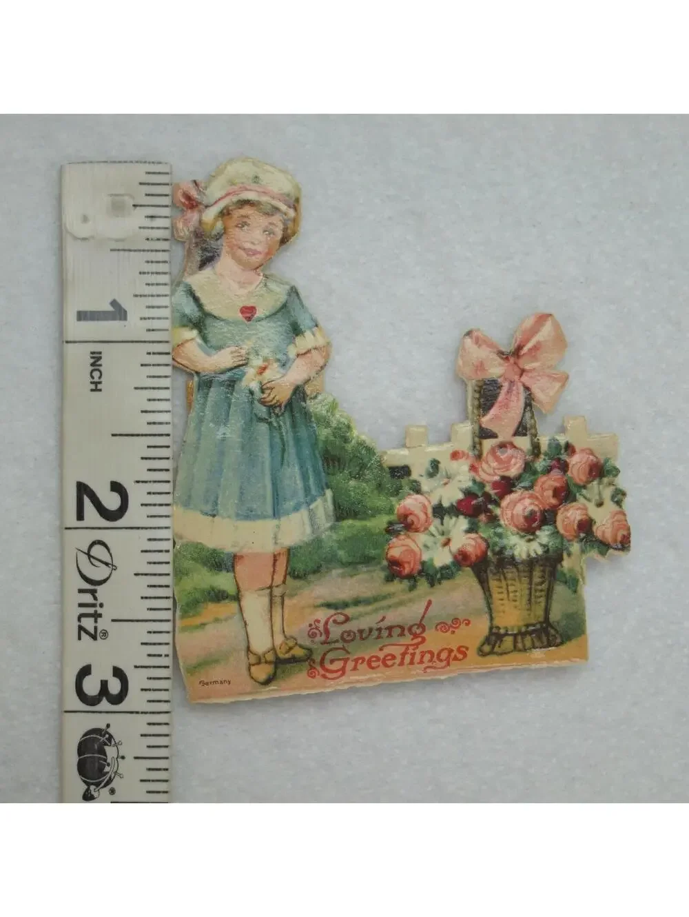 Vintage Valentine Die Cut Stand Up Girl Bonnet & Flower Basket 1920-30s Germany